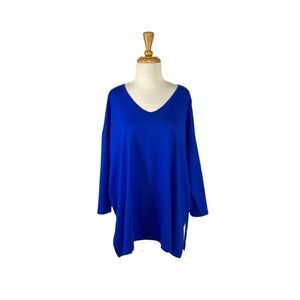 LA Blend Nyah M Cobalt Blue T-Shirt Drop Shoulder V-Neck Lagenlook Art To Wear ~